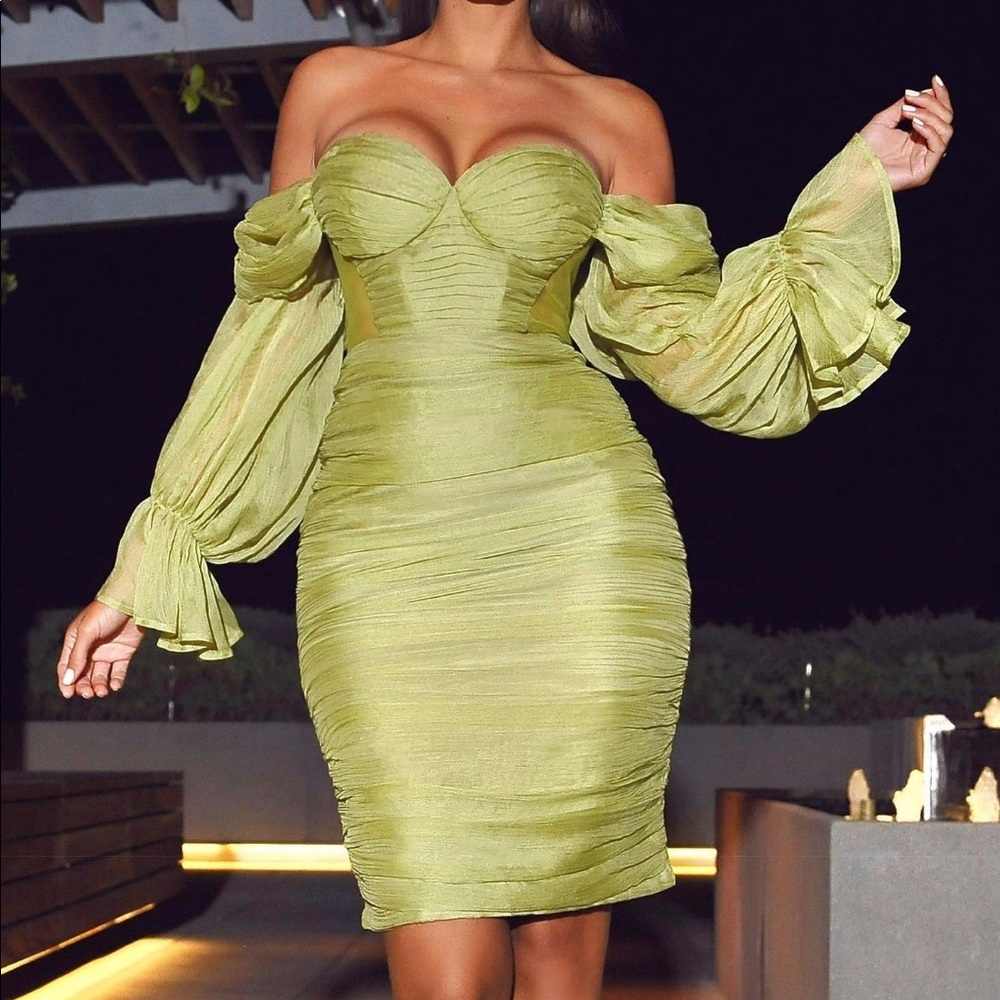 Off the Shoulder Chiffon-Pleated Dress - Olive